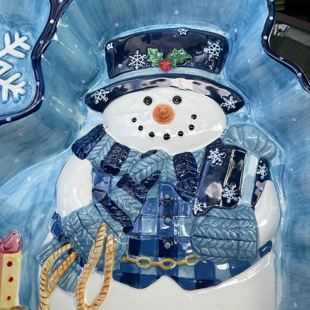 Large Christmas Mercuries Porcelain Snowman Chip & Dip Tray